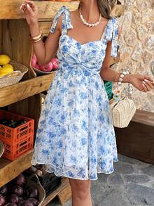 Selianne 1件女士花卉提花雪纺纹理收腰A字连衣裙，适合度假、约会、户外活动、春夏穿着 - 藍白色 - 查看 4
