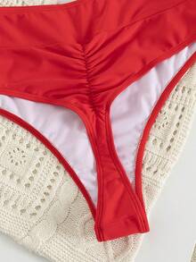 Swim Vcay Bottom de bikini de diseño minimalista con fruncido en talla grande de unicolor - Rojo - Ver 6