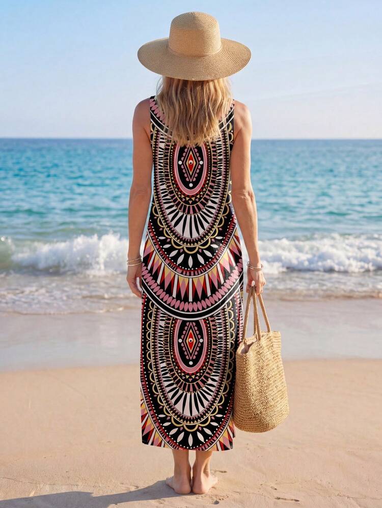 Casual Vintage Print Loose Dress For Women, Suitable For Summer,Bohemia Chic Dress