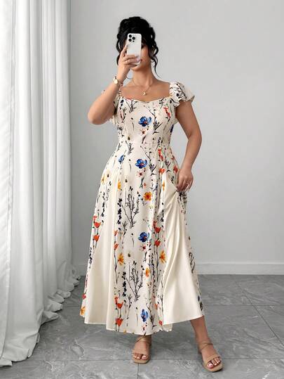 Elenzga Plus Size Damklänning med Lång Midja och Spänne, Färgblock, Blommig Kortärmad