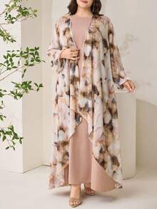 Veilorie Plus Size Women Solid Color Round Neck Dress And Tie-Dye Open Front Long Robe Casual Daily 2 Piece Set - Multicolor - View 7