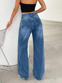 EURMUSE Women's High Waist Pockets Casual Versatile Straight Leg Jeans - Medium Wash - View 2