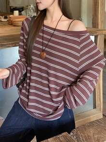 DAZY 女士条纹不对称肩长袖休闲宽松百搭T恤 - 彩色 - 查看 2