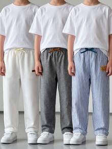 SHEIN 3件套男童休闲百搭裤，灰、白、蓝、白条纹，适合休闲外出和正式场合，春夏款 - 彩色 - 查看 4