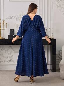 Modelyn Elegant Jacquard V-Neck Long Sleeve A-Line Plus Size Dress, Suitable For Spring And Autumn Fall - Blue - View 2