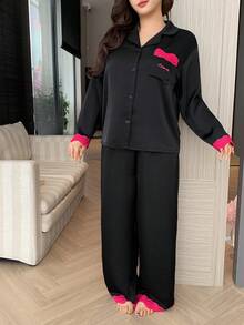 Dazy Plus Plus Size Lace Patchwork Front Button Long Sleeve Top And Pants Pajama Set - Black - View 6