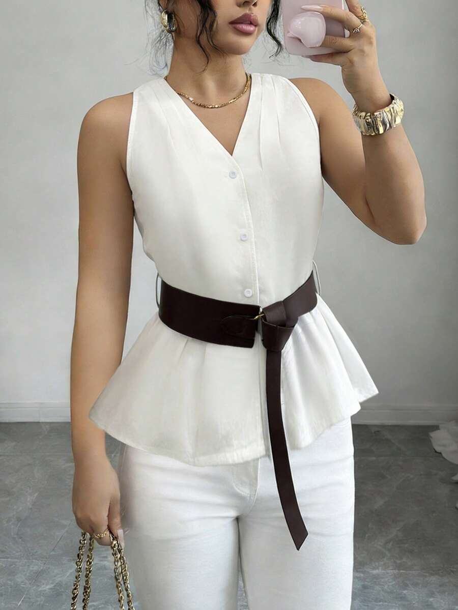 Elenzga Áo kiểu nữ thanh lịch, thoải mái, chất liệu vải lanh, cổ yếm, thắt eo. - Màu be - Xem 1
