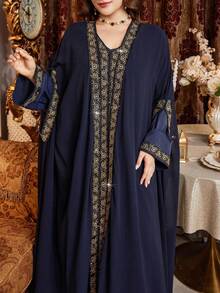 Al Najma Navy Blue Summer Modest Muslim Wedding Al-Adha Abaya Kaftan Jalabiya Dress,Patchwork Ribbon Trim Loose Chiffon Cardigan,Plus Size Women Long Robe - Navy Blue - View 3