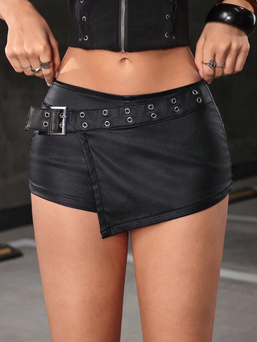 Jeanoix Y2K 低腰时尚金属孔眼装饰 PU 涂层短裙 - 黑色 - 查看 1