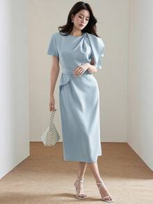 女士优雅收腰开衩中长连衣裙，夏季 - 藍色 - 查看 6