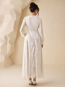 Modelyn Elegant Romantic Cutout Floral Chiffon V-Neck Dress - Beige - View 2