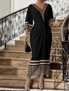 SHEIN Lady CURVE 大码女式几何印花拼接七分袖扭腰优雅中长连衣裙 - 彩色 - 查看 7