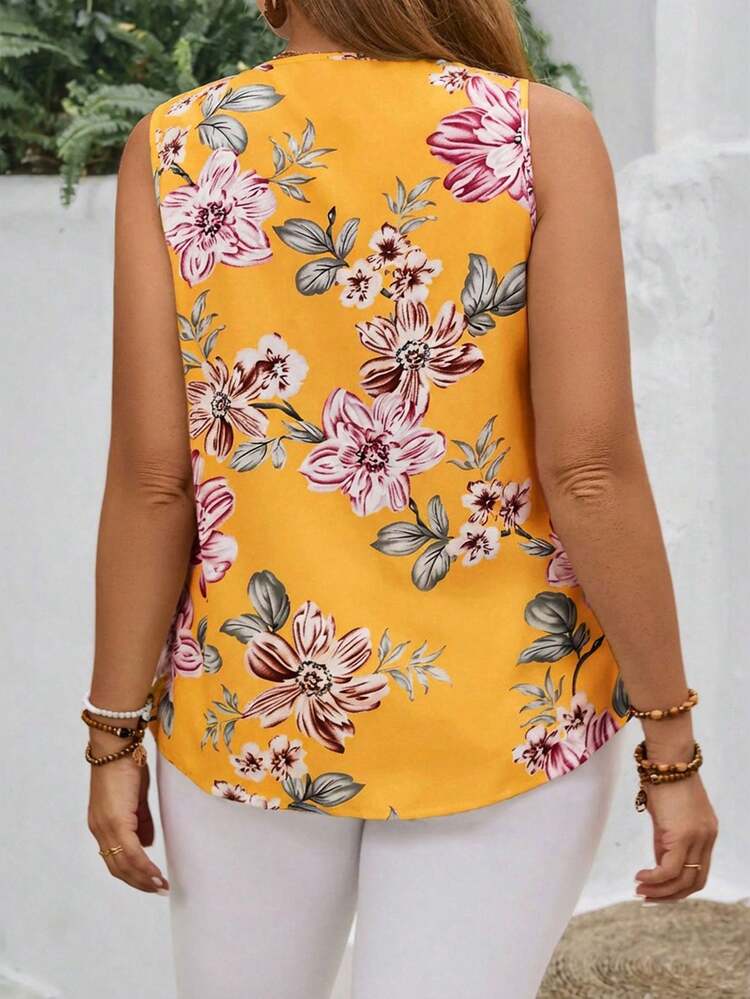 Plus Size Women'S Print V-Neck Tank Floral Top For Spring, Summer Tops