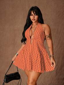 Rustia Gaun Mini Seksi Model A-Line Motif Polkadot untuk Wanita Ukuran Plus dengan Tali Leher - Jeruk - View 5