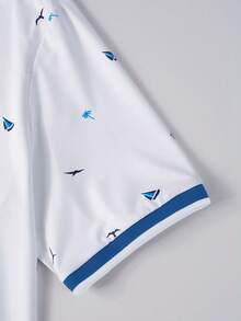 Manfinity Homme 男士撞色拼接领短袖半开襟休闲印花夏季Polo衫套装两件套，夏季男士休闲短袖两件套，假日 - 彩色 - 查看 3
