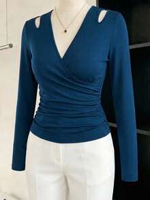Modelyn Women's Solid Color Cutout Shoulder Long Sleeve Ruched Fitted Fashion T-Shirt Dark Blue Top Office Siren Blue Top Women Office - Black - View 1