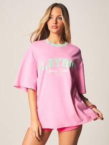 Missguided x Playboy 1953春假超大款圆领短袖印花T恤，饰有薄荷绿撞色滚边和背面兔子标志印花 - 粉色 - 查看 4