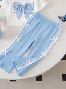 SHEIN Conjunto de camiseta de manga corta con estampado de lazo y pantalones acampanados de cintura elástica, estilo lindo y veraniego para bebé niña - Azul - Ver 7