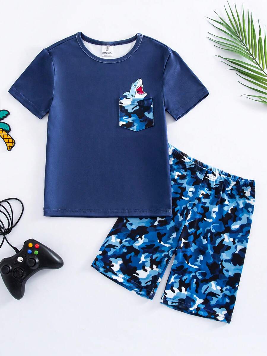 Boys' Shark Print Short Sleeve Snug Fit Pajama Set, Blue Camouflage Cool Print, Soft Sleepwear 2 Pieces Set - Navy Blue - View 1