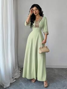 Elenzga 时尚新款女士杏色V领泡泡袖刺绣珍珠装饰修身中长连衣裙，适合日常穿着、婚礼、晚宴、通勤、毕业派对、节日、假期、约会、聚会、万圣节、圣诞节、新年、感恩节、婚礼等场合。 - 薄荷綠 - 查看 4