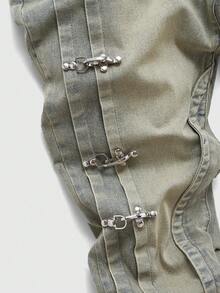 ROMWE MEN Quần jeans nam dáng casual đường phố, khóa kim loại, nhiều lớp túi xéo. - Màu xanh lam - Xem 2