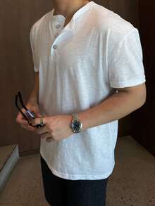 DAZY 男士白色半开襟短袖圆领T恤，夏季款 - 白色 - 查看 3