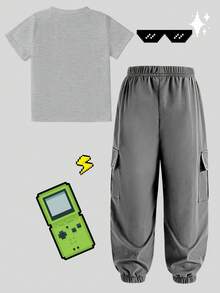 2pcs/Set Young Boy Printed Top & Drawstring Cargo Shorts Set, Fashionable Casual - Multicolor - View 3