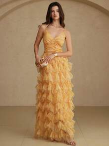 Aveloria Rosie 优雅女士扎染印花V领无袖褶皱腰身长裙，浪漫梦幻的薄纱面料，适合海滩度假、约会之夜 - 彩色 - 查看 5