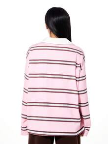 BABYPHAT Logo Stripe Oversized Long Sleeve Collared Polo Rugby Top With Graphic Print Front - Baby Pink - View 2
