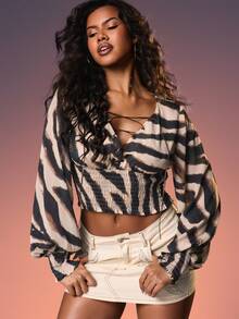 MISSGUIDED 系带前开襟扎染条纹长袖褶皱腰身衬衫秋季休闲波西米亚风露脐上衣 - 彩色 - 查看 5
