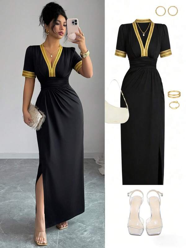 SHEIN Elenzya Women's Black Long Dress With Slit, Contrast Color Decorative Ribbon, Waist Ruched, Lantern Sleeve, Embroidered Long Black Dress