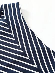 Franclia 女士性感优雅两件套，休闲时尚百搭，高弹力蓝色单肩褶皱上衣搭配蓝色半裙；女士不对称肩部上衣蓝色条纹T恤，蓝色两件套；女士夏季百褶短裙套装；女士夏季蓝色套装；女士休闲套装；Y2K风格套装 - 藏蓝色 - 查看 4