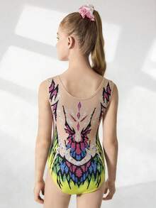 SHEIN Leotard senza maniche stampato e elasticizzato per ragazze pre-adolescenti, multicolore, adatto per ginnastica, competizioni sportive, allenamento quotidiano, stampa vivace, abbigliamento atletico confortevole - Multicolore - Visualizzare 2