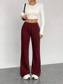 EURMUSE Women's Drawstring Waist Flare Leg Sweatpants - Burgundy - View 4