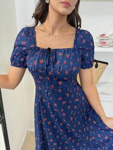 Modelyn 女士方领碎花开衩假日夏季短袖连衣裙长款晚礼服 - 藏蓝色 - 查看 2