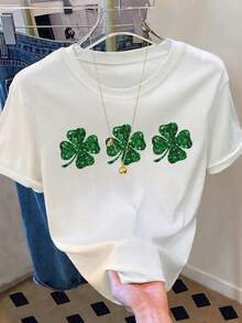 Resyla Women's St. Patrick's Day Shirt, Glitter Shamrock T-Shirt, St. Patrick's Day Blouse, Women's St. Patrick's Day, Cute St. Patrick's Day Shirt, Women's St. Patrick's Day - White - View 3