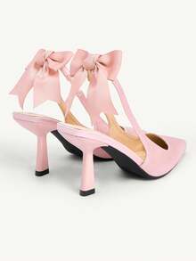 CUCCOO CHICEST Women's Pink Satin Pointed-Toe $Tiletto HeelsWhite Bow Cutout Backless Pumps With Preppy &Elegant & Cute - Pink - View 2