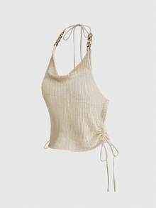 ROMWE Halter Neck Knit Top With Side Drawstring, Sexy Vacation Style - White - View 5