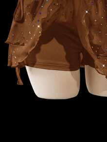 SHEIN ICON Plus Size Ruched Tie-Up High Slit Layered Glitter Mesh Mini Skirt - Brown - View 4