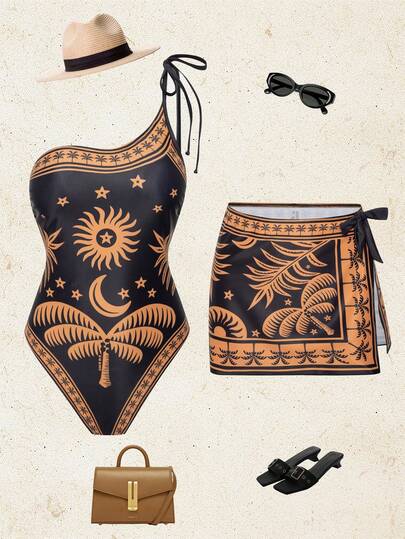 Swim Oasis 1pc Women's One-Piece Halter Swimsuit & 1pc Skirt Two Pieces Set, Beach Vacation, Spring/Summer