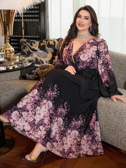 Modelyn Vestido elegante negro de talla grande con estampado floral elegante y romántico para vacaciones