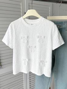 SHEIN 少女春夏季休閒極簡優雅通勤時尚甜美 3D 珠飾蝴蝶結圓領修身針織紋理 T-shirt 白色上衣 - 白色 - 查看 6