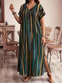 EMERY ROSE Plus Size Women's Black And Gold Striped Color Block Maxi Dress,Boho Summer Vacation Holiday Beach Long Dress,Spring Country Style Outfits Clothing - Fresh Green - View 5