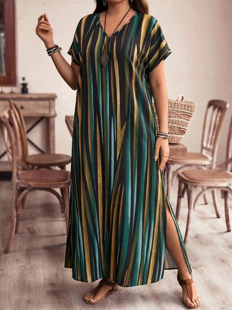 Plus Size Women's Striped Color Block Side Reflected Color Striped Maxi Long Beach Dress For Vacation  Summer Dress  Summer Outfits Summer Clothes Spring Dress Spring Outfit Women Spring Clothing Country Style For Women Country Dress For Women Stripe Dresses For Women Long Summer Dress Plus