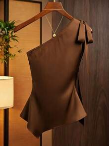 Franclia Women's Coffee Brown Satin Asymmetric One Shoulder Bow Decor Blouse,Elegant Ruched Silk Top For Date,Winter Draped Fitted Casual Work Wear Top - Brown - View 2