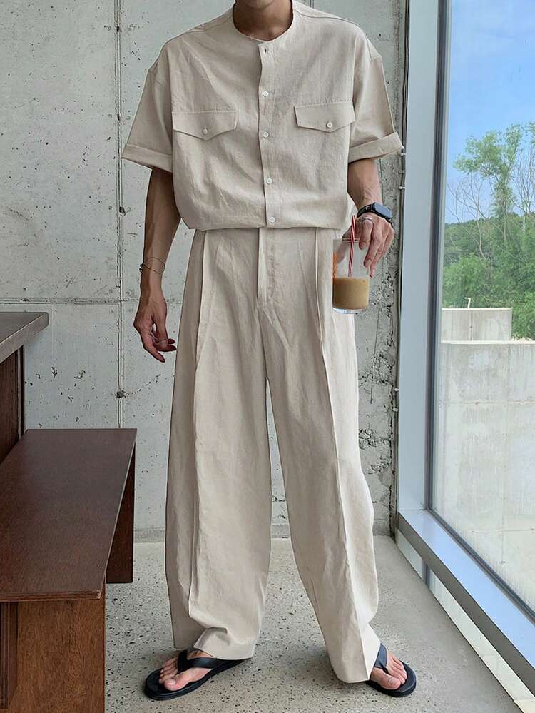 Khaki Short Sleeve Shirt And Pants Set For Men, Summer