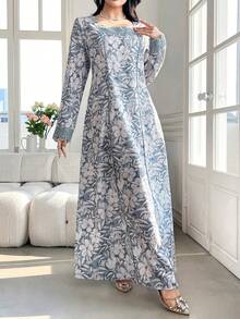 Al Najma Đầm kiểu Ả Rập thanh lịch dành cho nữ, in hoa, cổ vuông, phối ren tương phản. - Màu xanh lá cây đậm - Xem 4