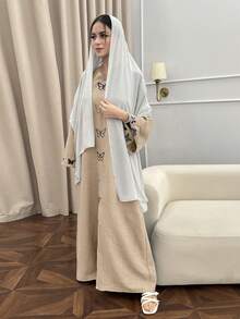 Yasmyna Women's Turkish Maxi Dress With Butterfly Pattern, Arabic Traditional Long Robe - Khaki - View 5