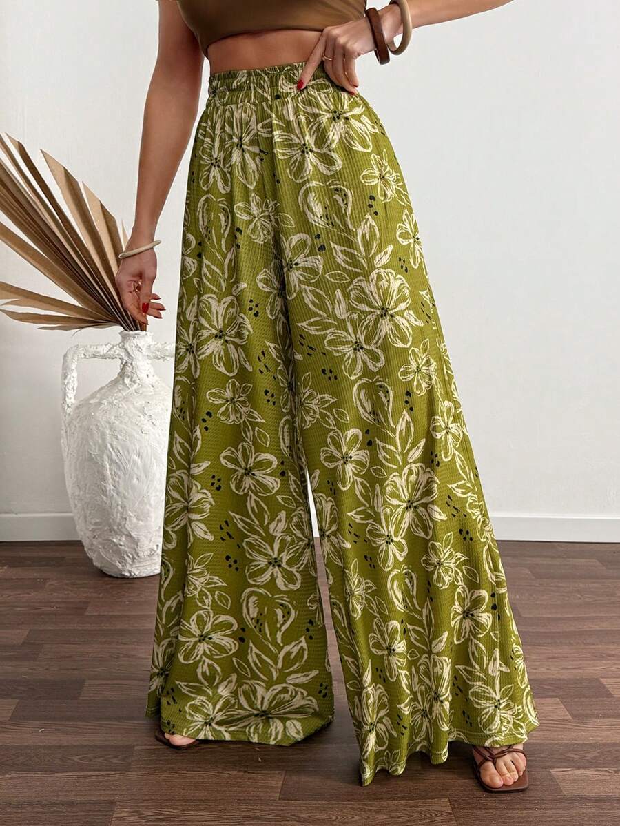 Women, Spring, Summer, Vacation, Pant, Long Length, Wide Leg, Boho, Elastic Belt, Pocket - Multicolor - View 1