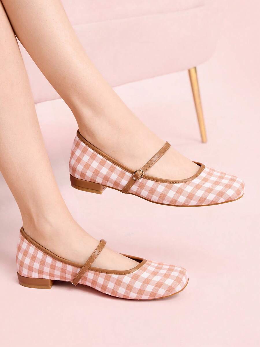 CUCCOO DOLLMOD Sepatu Mary Jane Wanita Motif Kotak-kotak Cokelat Muda, Ujung Persegi Datar, Sepatu Hak Rendah yang Lucu dengan Gaya Kampus, Cocok untuk Musim Semi, Paskah, Natal - Coklat Berkarat A - View 1
